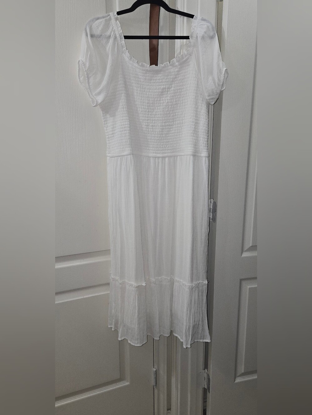 White Smocked Midi Dress with Puff Sleeves